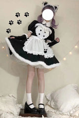 Black/White Cat Paw Print Short Sleeves Maid Sweet Lolita Dress Set - Product - 3
