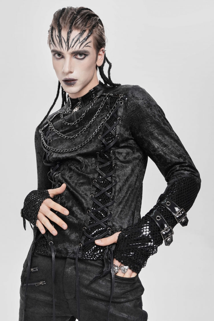 Black Stitching Lace-Up Mesh Chain Men's Punk Blouse - Product - 9