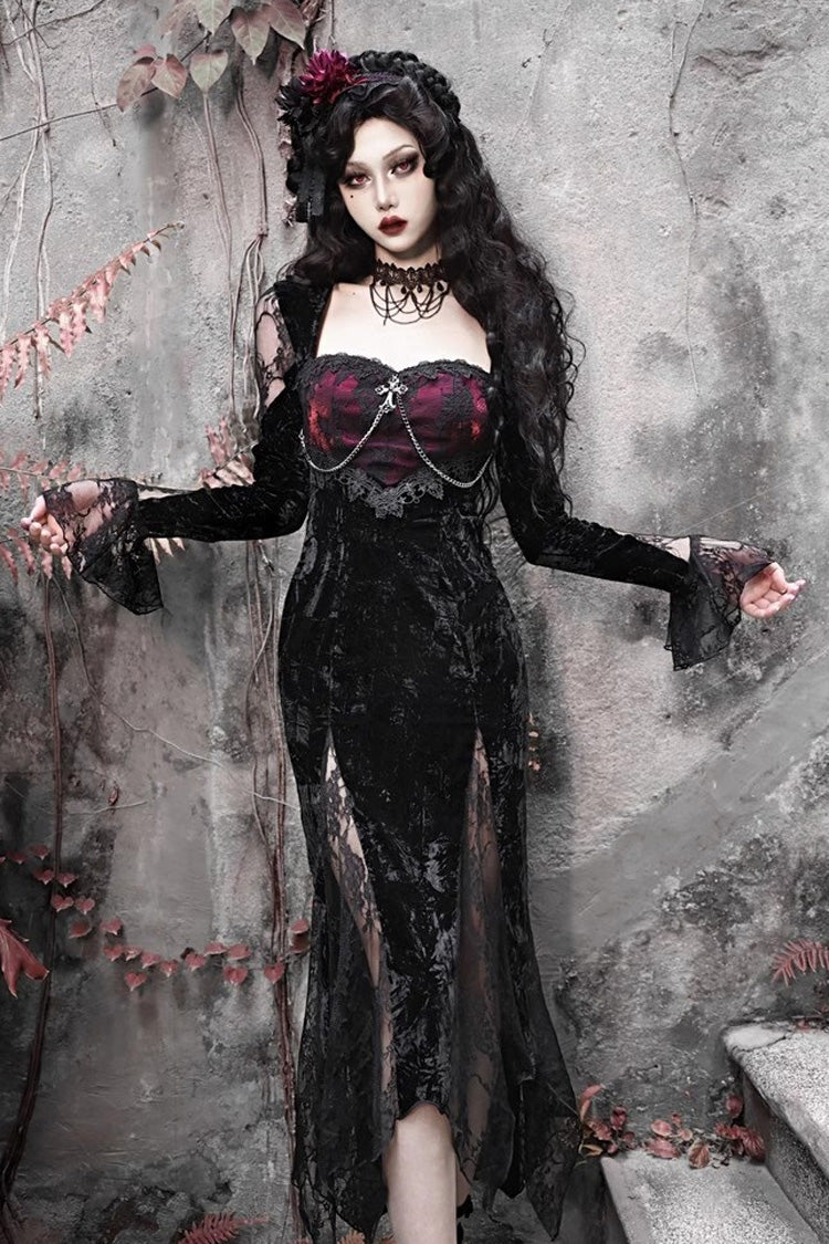 Black/Red [Rose Cemetery] Long Sleeves Lace Slim Gothic Lolita Fishtail Dress - Black/Red - 1