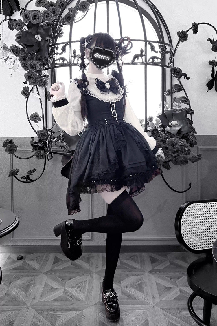Black/White [Thorn Doll] Long Sleeves Ruffled Bow Pearl-Decorated Gothic Jirai Kei Dress - Product - 2