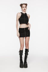 Black Patchwork Slim Fit Mesh Zippered Eyelet Women's Punk Cool Skirt - Product - 3