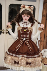 Brown [Hazelnut Moose] Sleeveless Ruffled Bow Plush Sweet Jsk Dress - Brown - 1