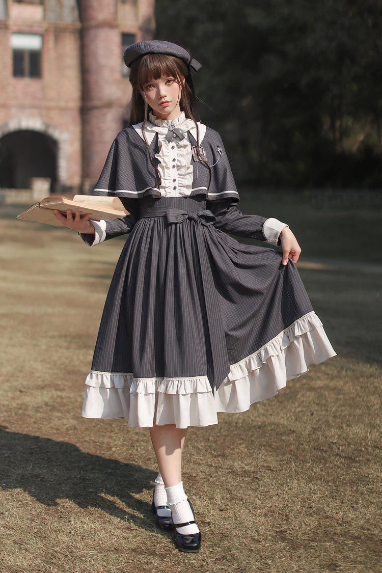 Dark Blue [Berlin Evening News] Long Sleeves Striped Print Ruffle Bowknot British College Style Elegant Sweet Lolita Dress - Product - 6