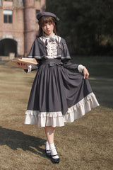 Dark Blue [Berlin Evening News] Long Sleeves Striped Print Ruffle Bowknot British College Style Elegant Sweet Lolita Dress - Product - 6
