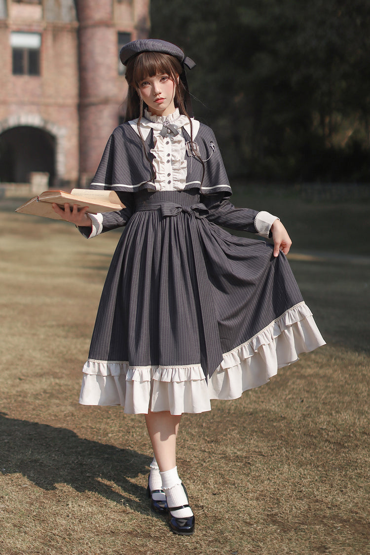 Dark Blue [Berlin Evening News] Long Sleeves Striped Print Ruffle Bowknot British College Style Elegant Sweet Lolita Dress - Product - 6