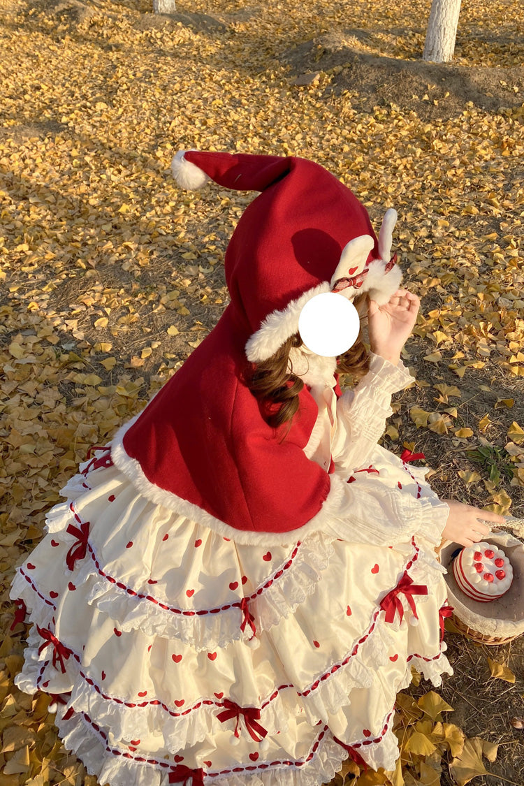 Red/Apricot Triple-Layered Print Ruffle Bowknot Lace Sweet Princess Lolita Dress Cloak Set - Product - 8