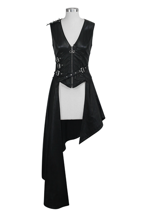 Black Zipper Up Asymmetric Sleeveless Womens Punk Rock Mid Length Leather Dress - Black - 1