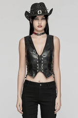 Black Faux Leather V Collar Sleeveless Lace-Up Zipper Women's Punk Vest - Black - 1