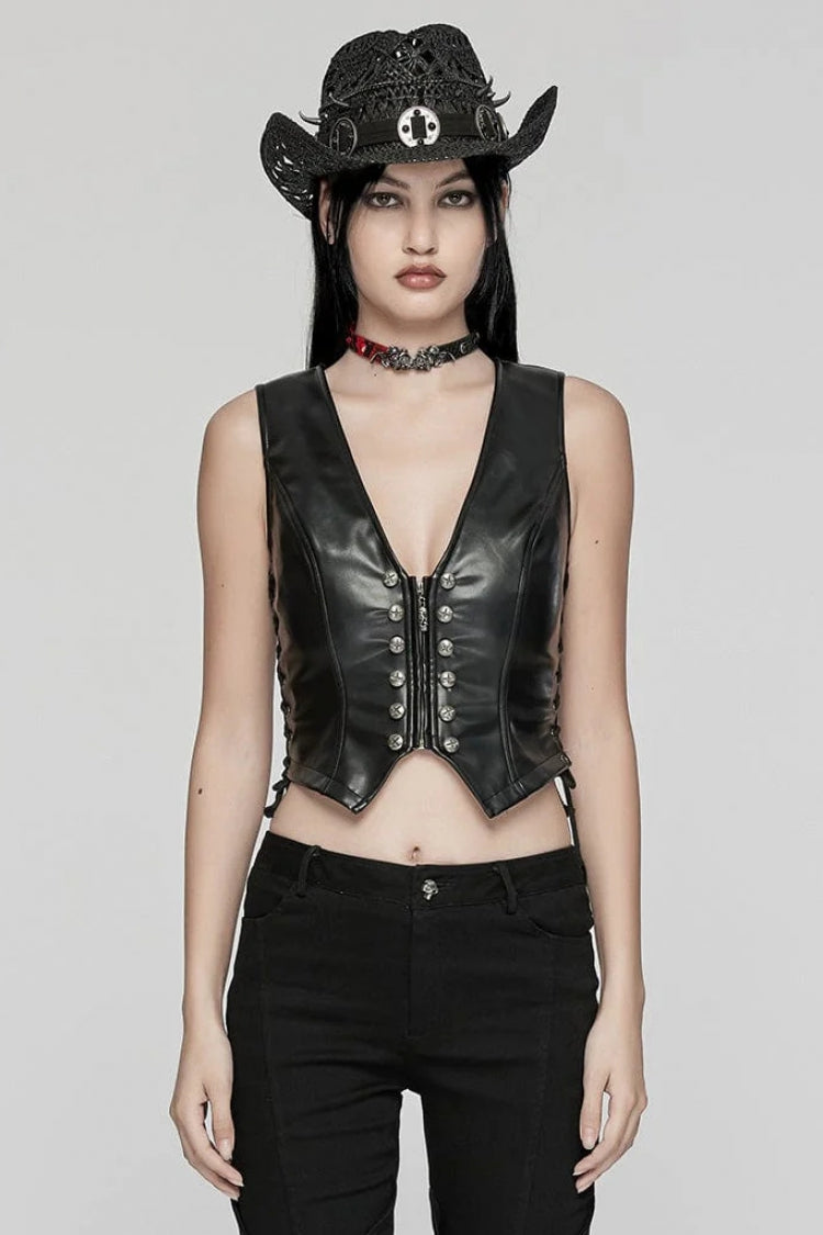 Black Faux Leather V Collar Sleeveless Lace-Up Zipper Women's Punk Vest - Black - 1