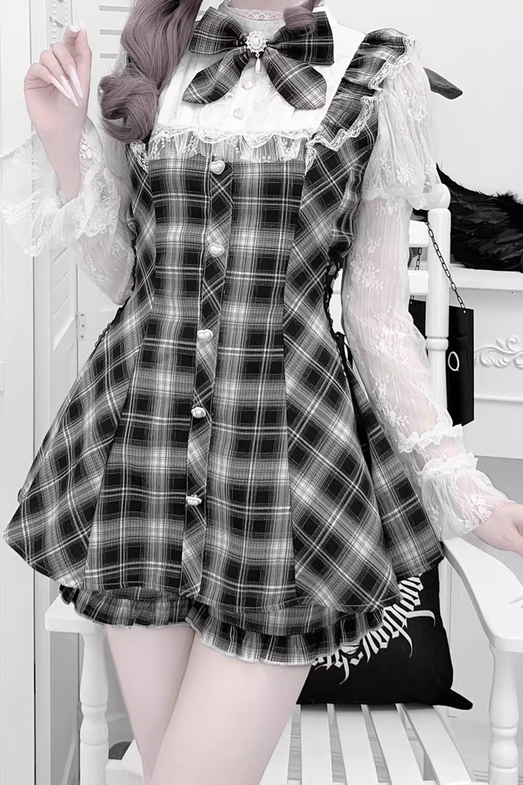 [Feather Ode] Jirai Kei Stand Collar Long Sleeves Ruffled Bow Lace Sweet Japanese Dress Shorts Set 2 Colors - Product - 6