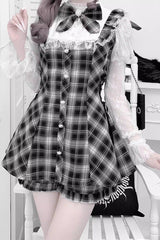 [Feather Ode] Jirai Kei Stand Collar Long Sleeves Ruffled Bow Lace Sweet Japanese Dress Shorts Set 2 Colors - Product - 6