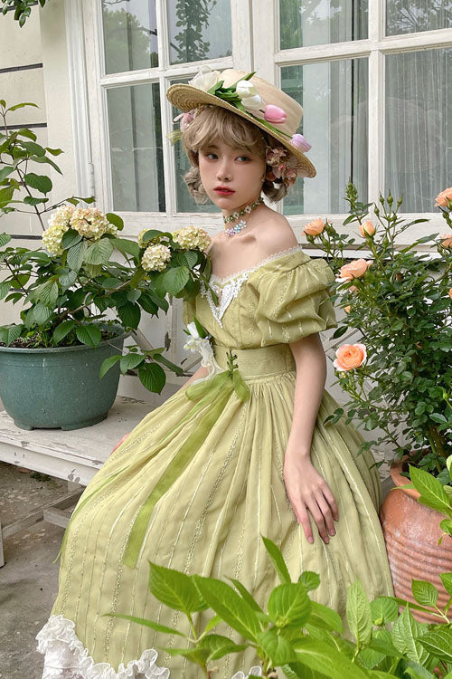 Green Elegant Vintage Square Collar Short Sleeves Multi-Layer Ruffled Classic Lolita OP Dress - Product - 4