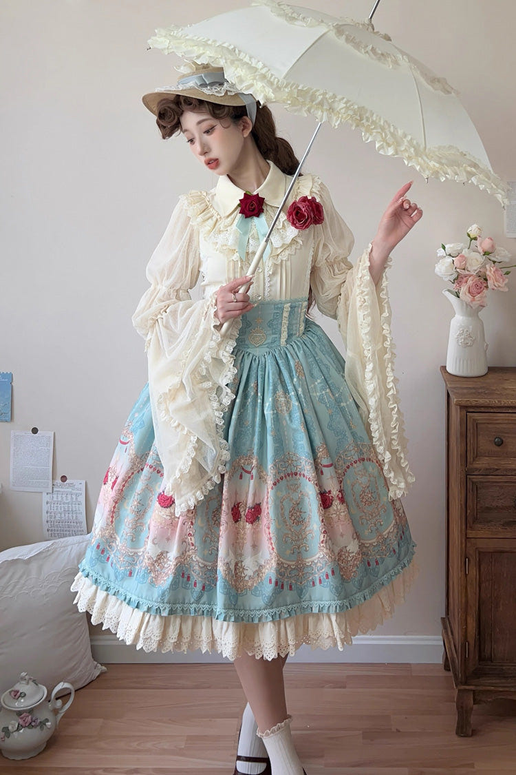 Blue [Moonlit Garden Secret] Print Ruffle Embroidery Lace Sweet Elegant Palace Lolita Skirt - Blue - 1