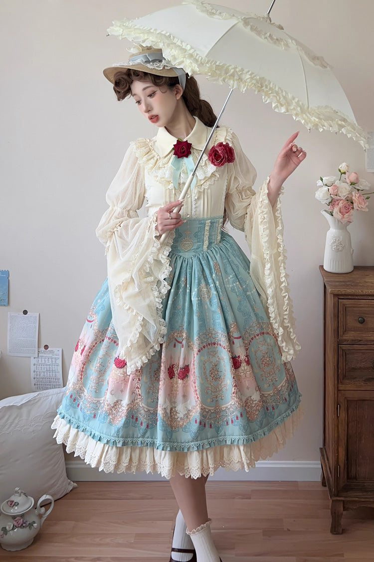 Blue [Moonlit Garden Secret] Print Ruffle Embroidery Lace Sweet Elegant Palace Lolita Skirt - Blue - 1