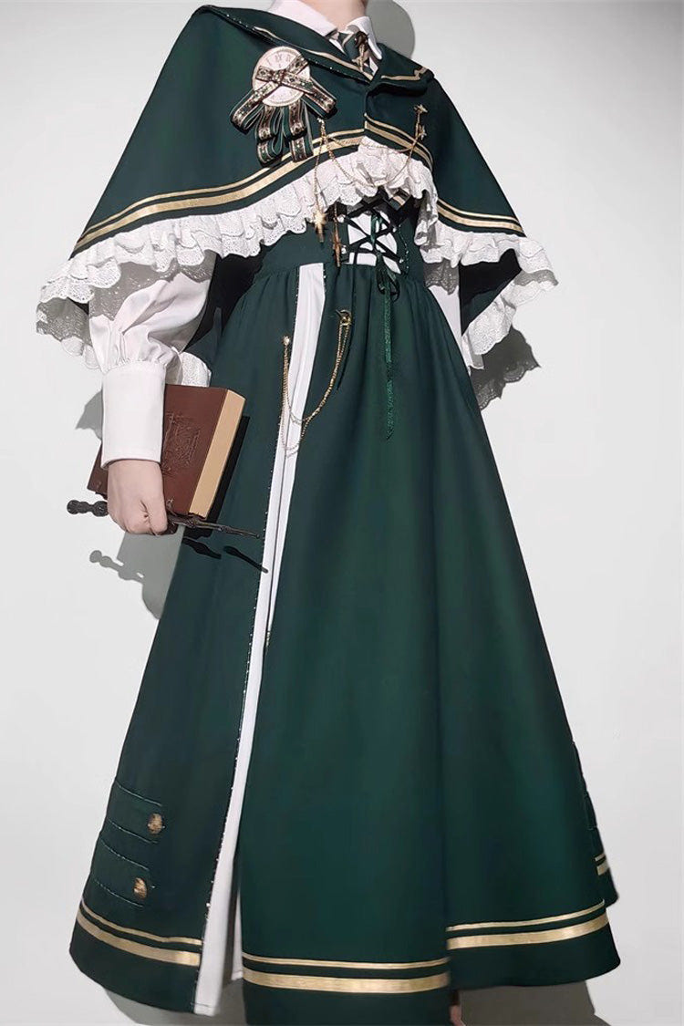 Green Time Traveler Print College Style Sweet Lolita Strap Dress 4 Piece Set - Product - 7