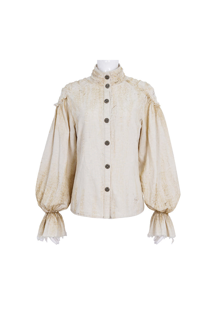 Beige Stand Collar Lantern Sleeves Print Lace Women's Punk Blouse - Product - 5