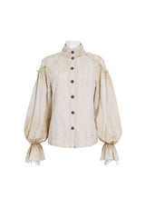 Beige Stand Collar Lantern Sleeves Print Lace Women's Punk Blouse - Product - 5