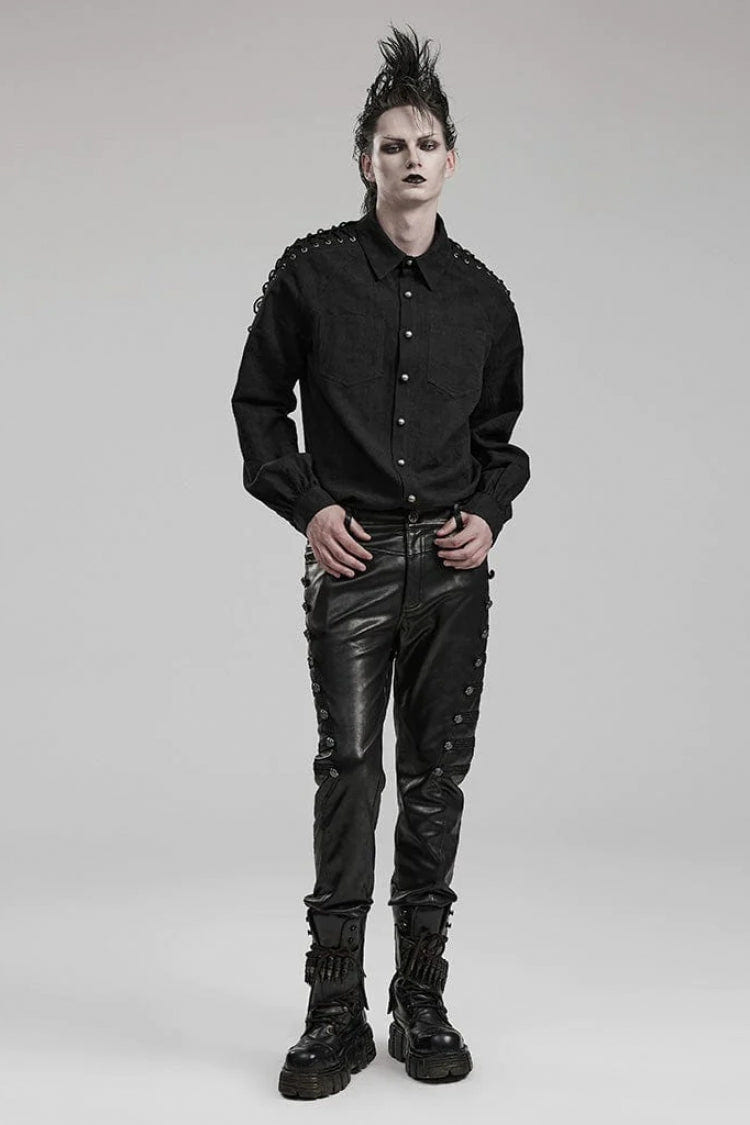 Men's Long Puff Sleeves Shoulder Straps Embroidery Mens Gothic Blouse 2 Colors - Product - 12