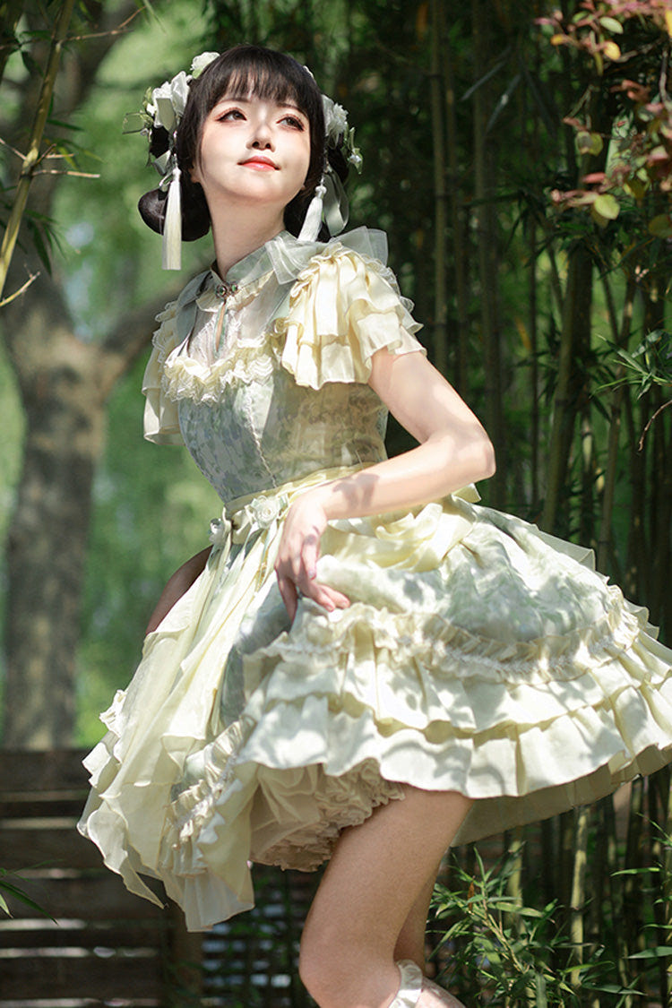 Green Pepper Chiffon Double-Layered Ruffle Bowknot Lace Sweet Chinese Style Lolita Dress - Product - 10