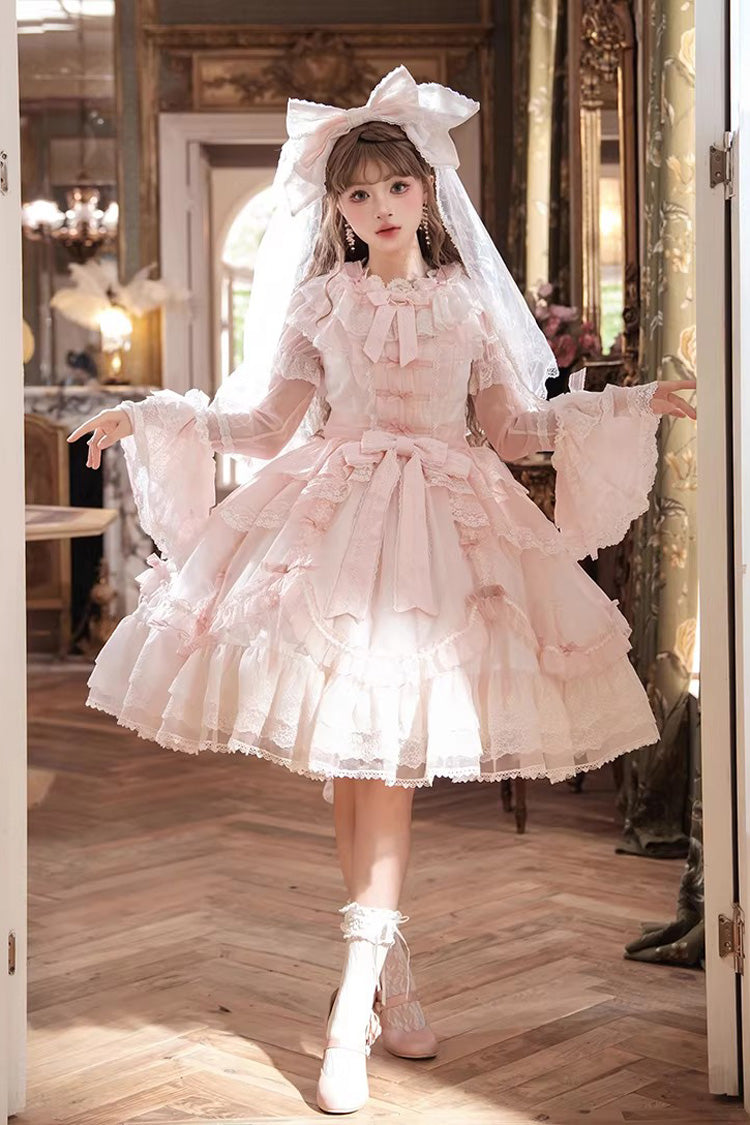 Pink [Candy Flavor] Round Collar Short Sleeves Ruffled Bow Lace Sweet Gorgeous Lolita OP Dress - Product - 3