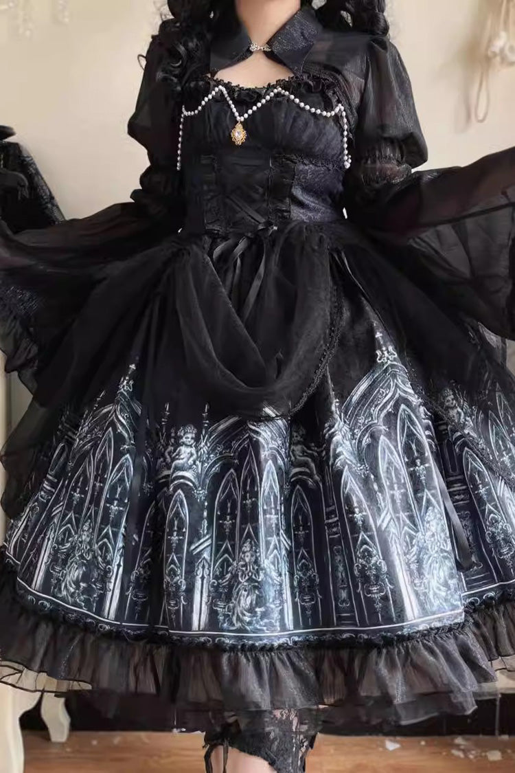 Black Sleeveless Church of Silent Night Print Ruffle Gothic Lolita Jsk Dress - Product - 9
