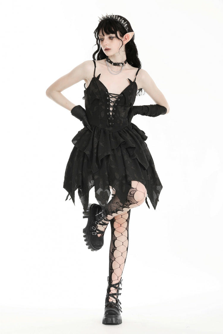 Black V Collar Sleeveless Halloween Printed Irregular Women's Gothic Slip Dress - Product - 5
