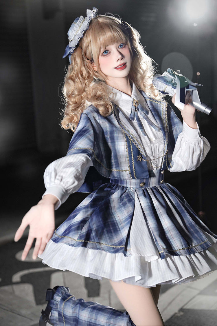 Blue [Little Starlight Idol] Lapel Collar Long Sleeves Double-Layered Printed Ruffled Bow Sweet Japanese Lolita Skirt Set - Product - 12