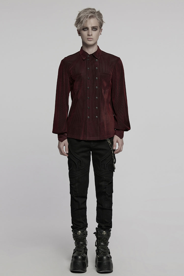 Black/Red Double-breasted Long Puff Sleeves Men's Gothic Blouse - Product - 4