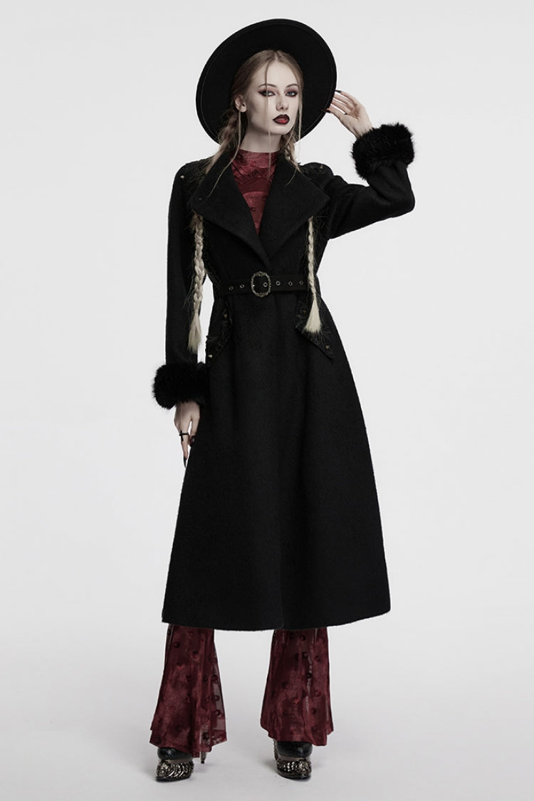 Black Long Sleeves Studded Floral Embroidery Faux Fur Stitching Women's Gothic Coat - Product - 4