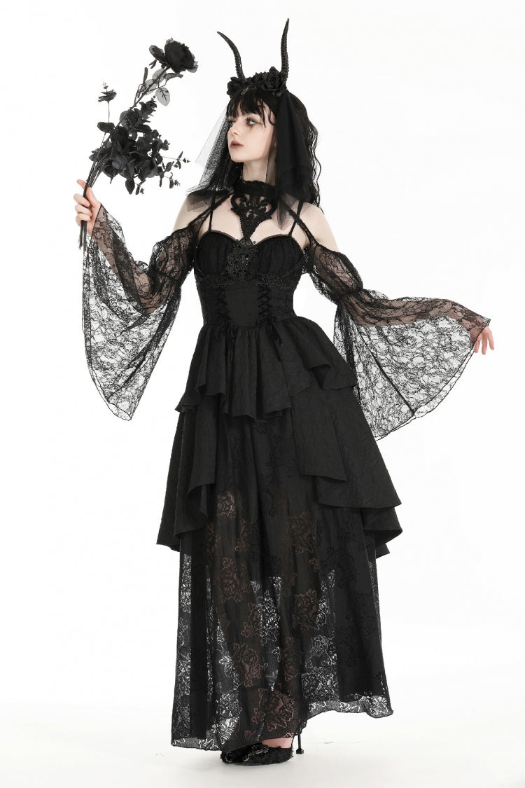 Black Off Shoulder Long Puff Sleeves Cut-Out Lace Women's Gothic Cape - Product - 6