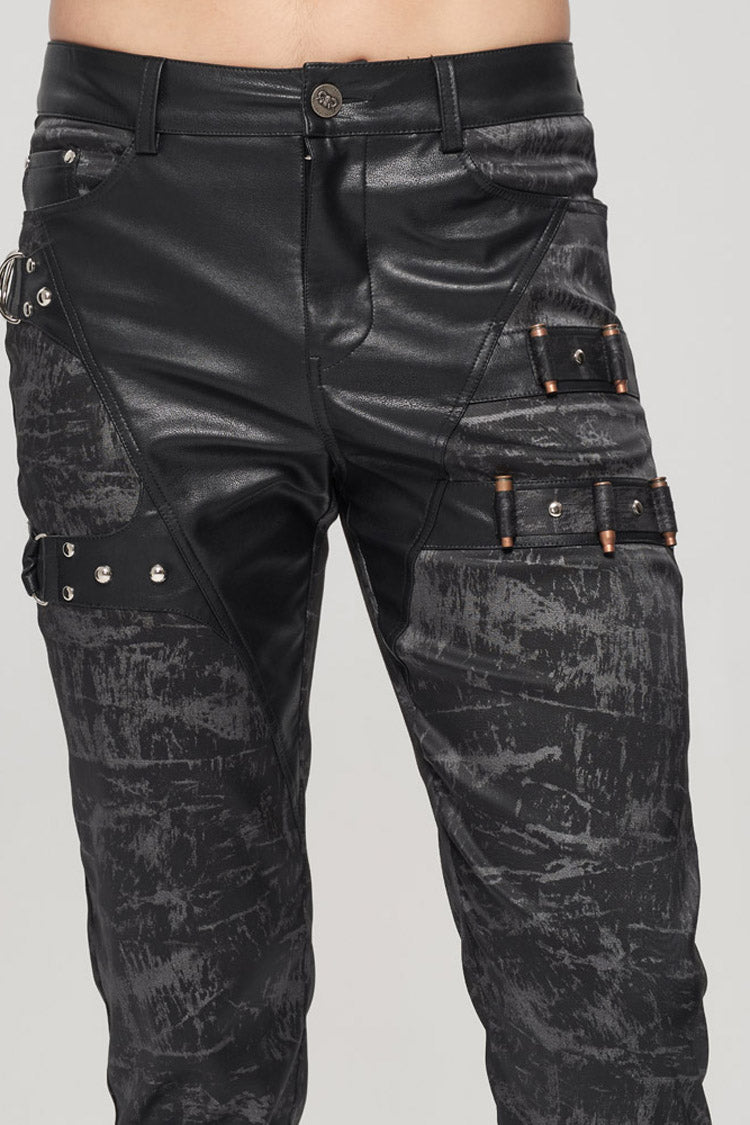 Black Punk Do Old Print Detachable Multi-Pocket Splicing Metal Rivet Decoration Men's Long Pants - Product - 11