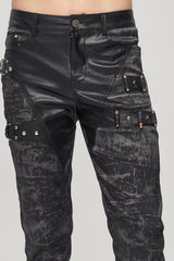 Black Punk Do Old Print Detachable Multi-Pocket Splicing Metal Rivet Decoration Men's Long Pants - Product - 11