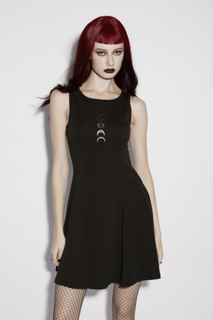 Black Off Shoulder Sleeveless Women's Gothic Moon Phase Printed Dress Graduation Dress - Product - 6