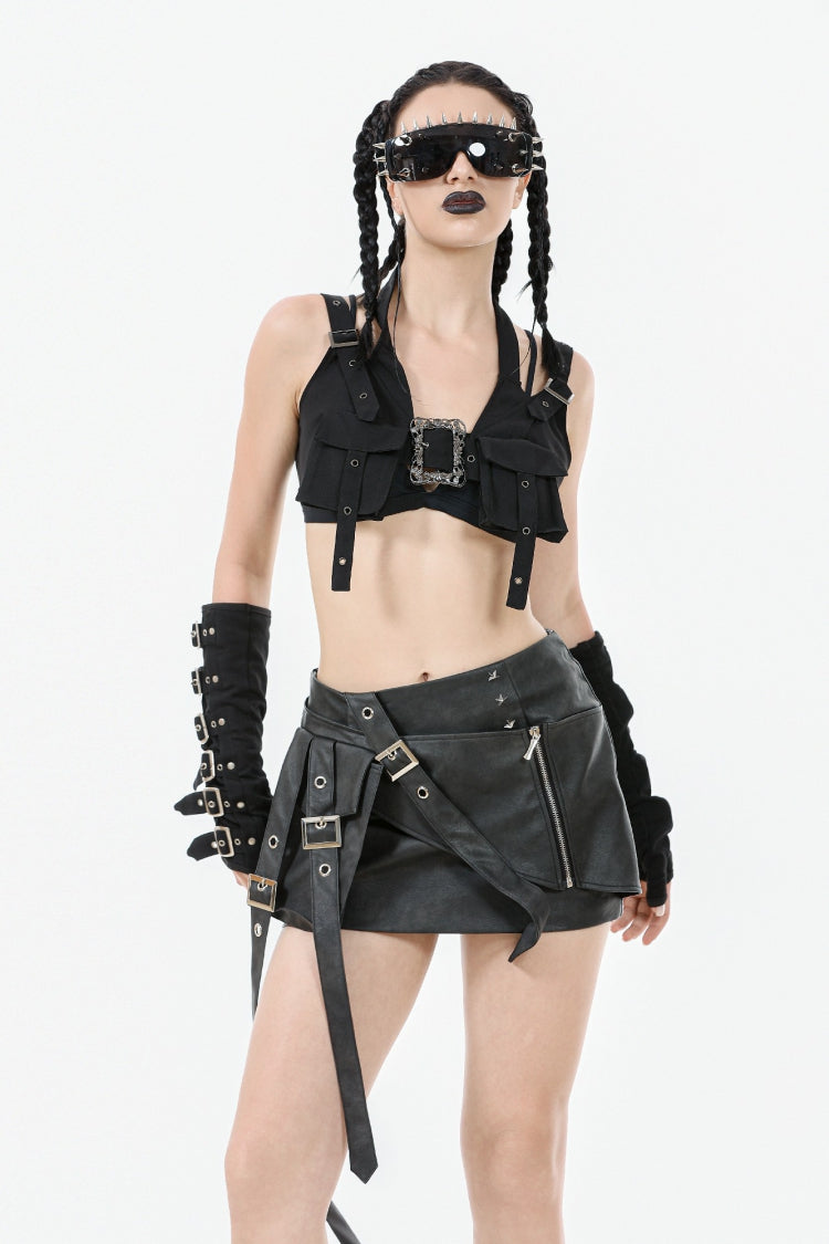 Black Halterneck Buckled Women's Punk Utility Vest - Product - 5
