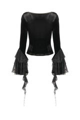 Black Square Collar Multi-Layered Lace Long Flared Sleeves Women's Gothic Palace Velvet Top - Product - 14