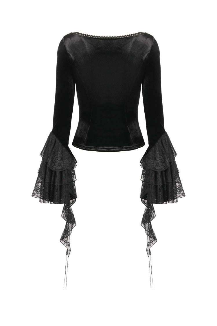 Black Square Collar Multi-Layered Lace Long Flared Sleeves Women's Gothic Palace Velvet Top - Product - 14
