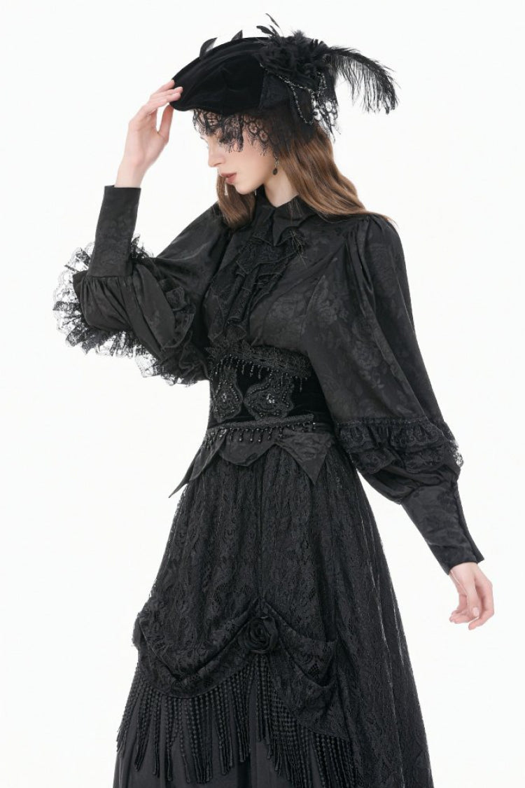 Black Point Collar Long Bishop Sleeves Rose Jacquard Irregular Hem Women's Gothic Blouse with Detachable Tie - Product - 6
