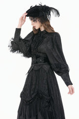 Black Point Collar Long Bishop Sleeves Rose Jacquard Irregular Hem Women's Gothic Blouse with Detachable Tie - Product - 6