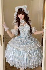 Blue [Dream of the Misty Moon] Sleeveless Multi-Layered Ruffled Bow Lace Pearl-Decorated Sweet Princess Lolita Jsk Dress - Product - 3
