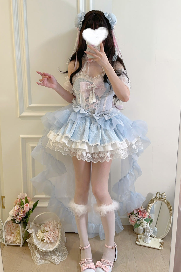 Blue [Rain and Flowers] Halterneck Jacquard Ruffle Bowknot Lace Sweet Lolita Jsk Dress - Product - 4