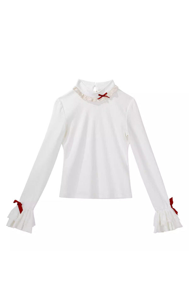 Red [New Year] Long Sleeves Embroidered Bow Lace Sweet Lolita Skirt and Rabbit Ears Cloak Set - Top - 13