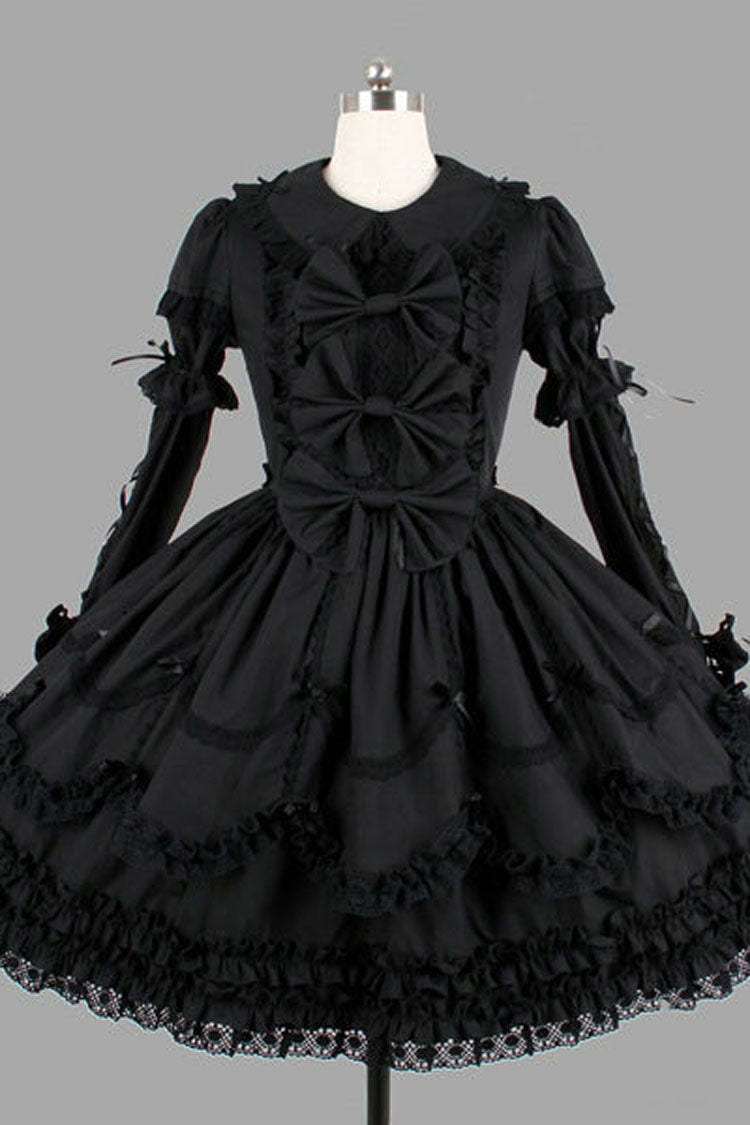 Black Cotton Lapel Collar Long Sleeves Knee Length Bowknot Ruffled Multi-Layer Gothic Lolita Dress - Black - 1