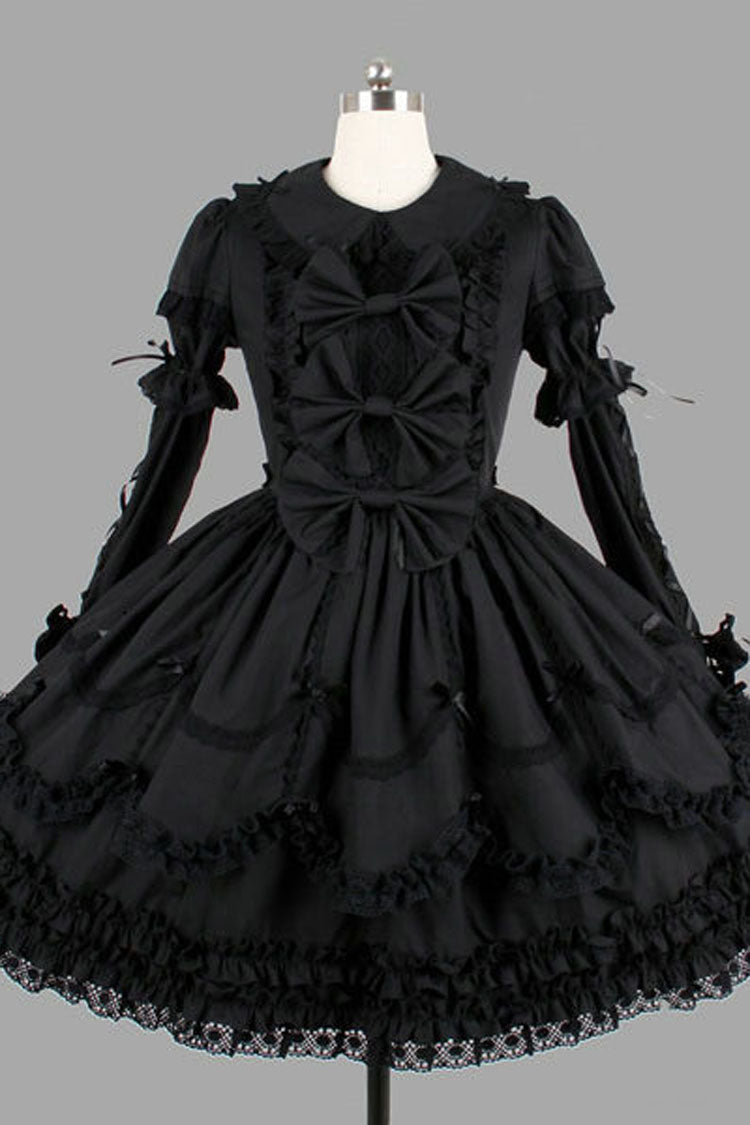 Black Cotton Lapel Collar Long Sleeves Knee Length Bowknot Ruffled Multi-Layer Gothic Lolita Dress - Black - 1