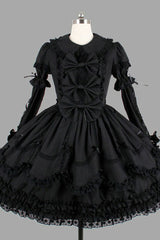 Black Cotton Lapel Collar Long Sleeves Knee Length Bowknot Ruffled Multi-Layer Gothic Lolita Dress - Black - 1