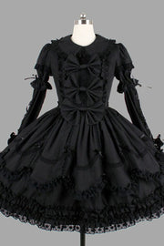 Black Cotton Lapel Collar Long Sleeves Knee Length Bowknot Ruffled Multi-Layer Gothic Lolita Dress - image 1