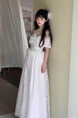 White [Moonlight] Off Shoulder Jacquard Embroidered Bow Gothic Lolita Jsk Dress - Product - 8