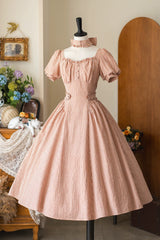 Red [Chantilly Forest] Square Collar Short Sleeves Striped Printed Ruffled Classic Vintage Elegant Lolita Dress - Red - 1