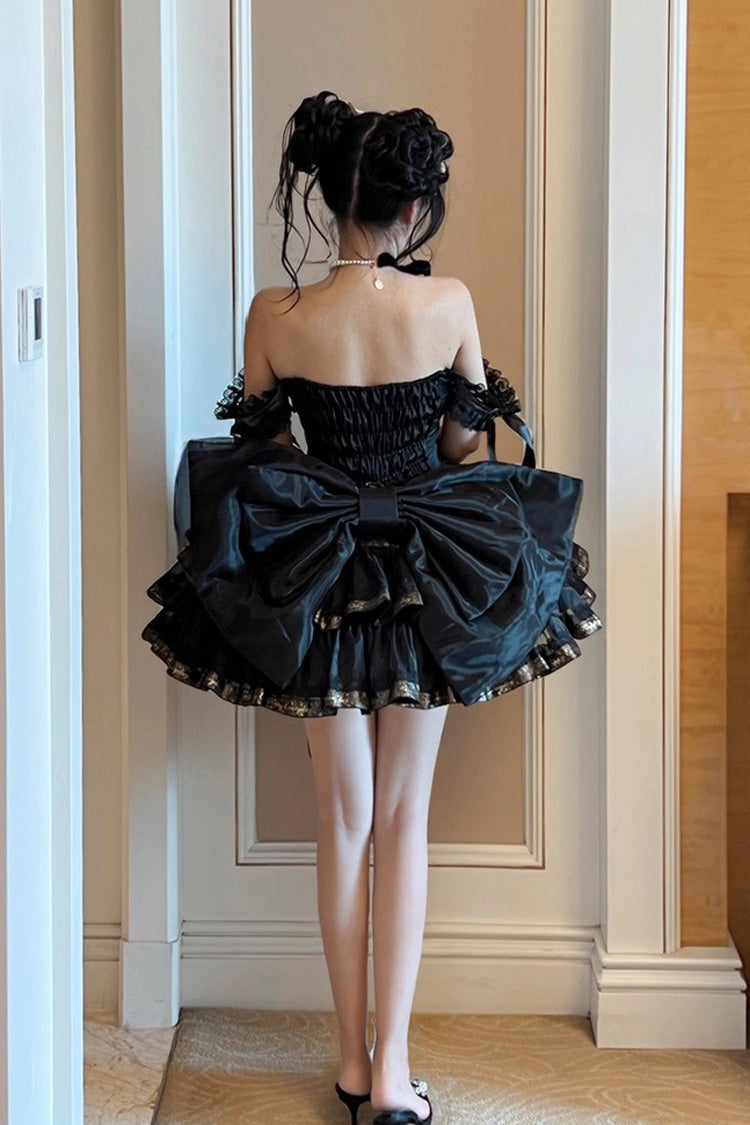 Black [Princess Ribbon] Off Shoulder Triple-Layered Ruffle Bowknot Sweet Lolita Dress - Product - 9