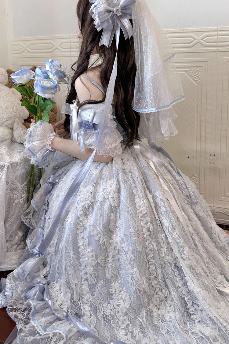 Blue [Diane Rose] Short Sleeves Multi-Layered Jacquard Ruffle Hanayome Cardigan Bowknot Lace Sweet Lolita Dress - Product - 17