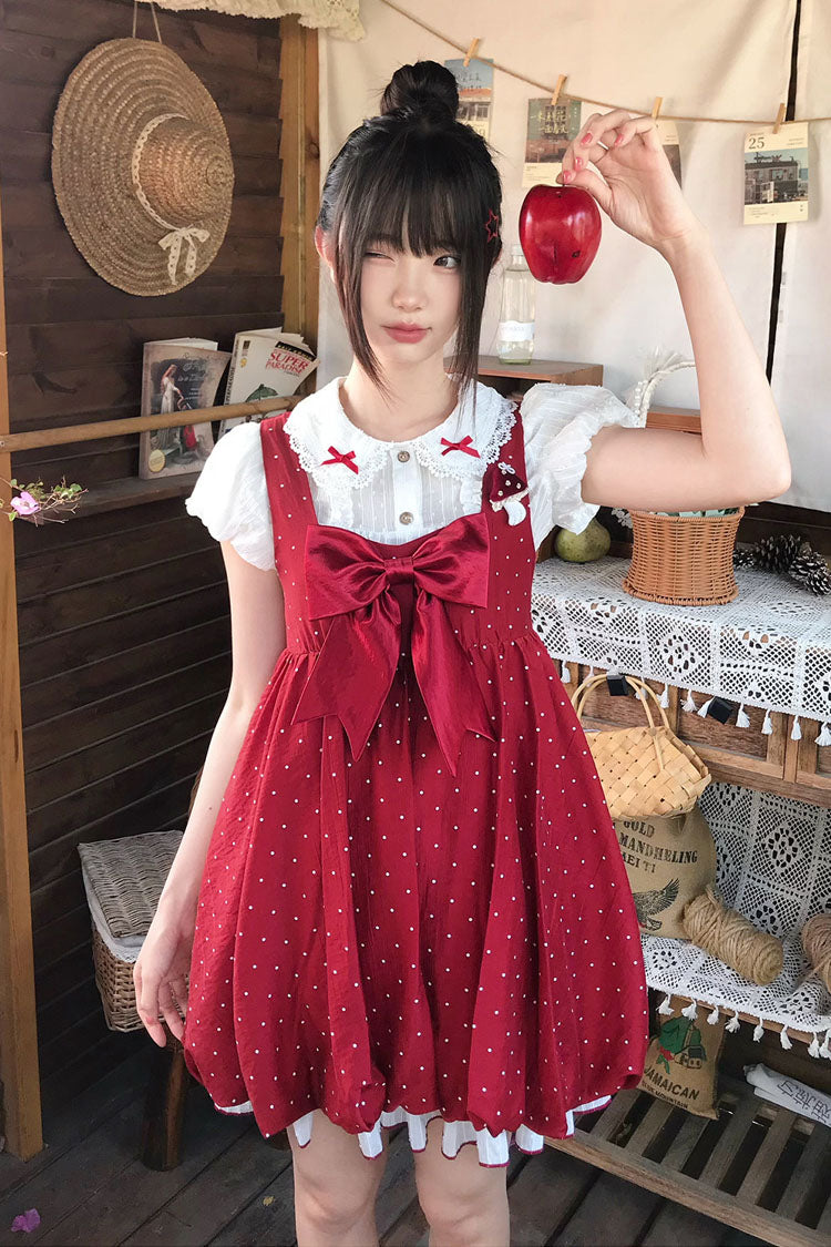 Red [Little Mushroom] Sleeveless Polka Dot Printed Ruffled Bow Sweet Lolita Jsk Dress - Red - 1